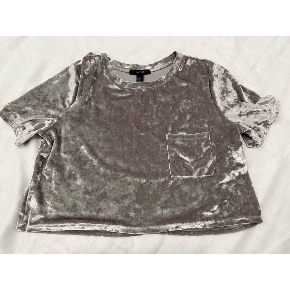 Forever 21 Silver Crushed Velvet Y2K Style Cropped Top‎ Women's Size Large Gray